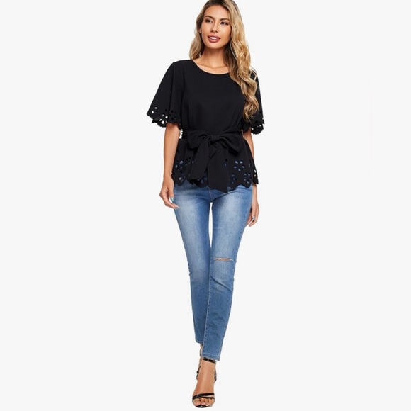 Black Laser Cut Tie Waist Peplum Blouse XXL Bohemian Feminine Romantic - Picture 12 of 13